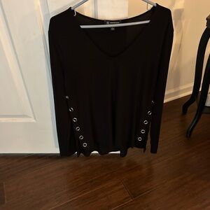 INC International Concepts Black V-Neck Blouse with Grommet Accents